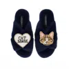 Laines London Women's Blue Classic Laines Slippers With Cat Mum / Mom & Tabby Cat Brooches - Navy In Blue