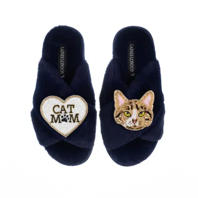 Laines London Women's Blue Classic Laines Slippers With Cat Mum / Mom & Tabby Cat Brooches - Navy