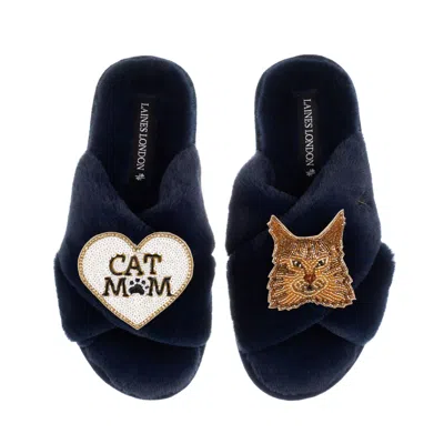 Laines London Women's Blue Classic Laines Slippers With Cat Mum/mom & Ginger Norwegian Forest Cat Brooches - Navy