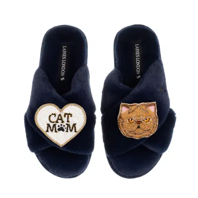 Laines London Women's Blue Classic Laines Slippers With Cat Mum/mom & Ginger Persian Cat Brooches - Navy