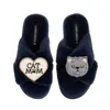Laines London Women's Blue Classic Laines Slippers With Cat Mum/mom & Grey Persian Cat Brooches - Navy In Blue