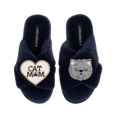 Laines London Women's Blue Classic Laines Slippers With Cat Mum/mom & Grey Persian Cat Brooches - Navy