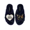 Laines London Women's Blue Classic Laines Slippers With Cat Mum/mom & Misty Cat Brooches - Navy In Blue
