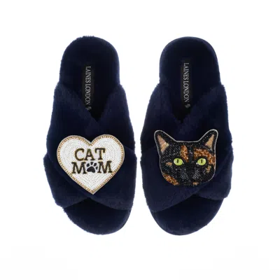 Laines London Women's Blue Classic Laines Slippers With Cat Mum/mom & Misty Cat Brooches - Navy