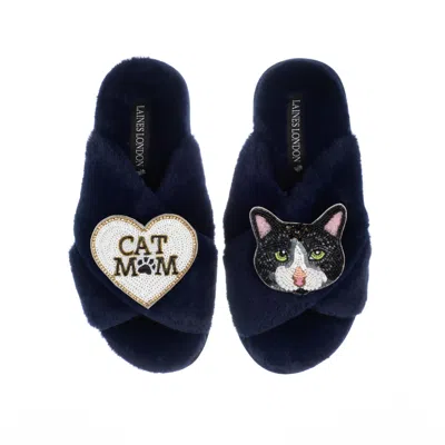 Laines London Women's Blue Classic Laines Slippers With Cat Mum/mom & Oreo Cat Brooches - Navy
