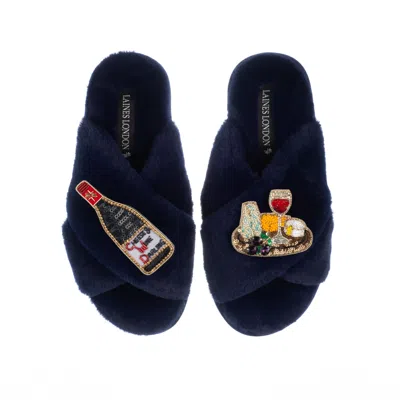 Laines London Women's Blue Classic Laines Slippers With Cheese & Red Wine Brooches - Navy