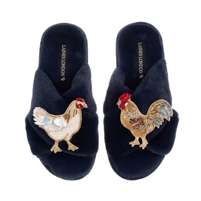 Laines London Women's Blue Classic Laines Slippers With Chicken & Cockrel Brooches - Navy