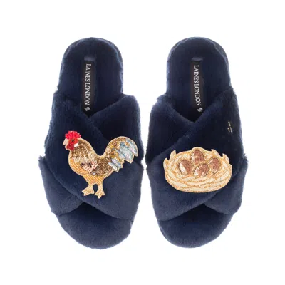 Laines London Women's Blue Classic Laines Slippers With Chicken & Nest Of Eggs Brooches - Navy