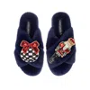 Laines London Women's Blue Classic Laines Slippers With Christmas Red Nutcracker & Bauble Brooches - Navy In Blue