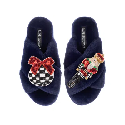 Laines London Women's Blue Classic Laines Slippers With Christmas Red Nutcracker & Bauble Brooches - Navy