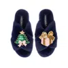 Laines London Women's Blue Classic Laines Slippers With Christmas Tree & Gift Brooches - Navy In Blue