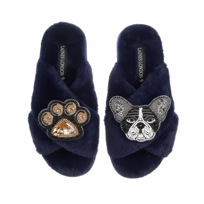 Laines London Women's Blue Classic Laines Slippers With Coco & Paw Brooches - Navy