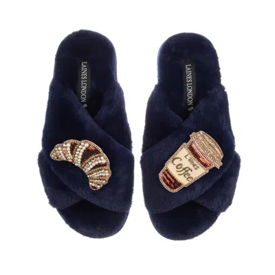 Laines London Women's Blue Classic Laines Slippers With Coffee Cup & Croissant Brooches - Navy