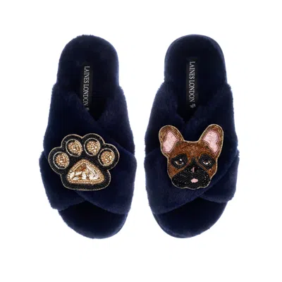 Laines London Women's Blue Classic Laines Slippers With Cookie The Frenchie & Paw Brooches - Navy