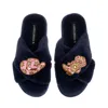 Laines London Women's Blue Classic Laines Slippers With Cowgirl Hat & Cowgirl Boots Brooches  - Navy In Blue
