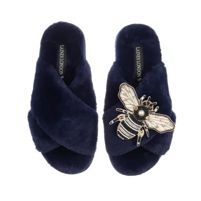 Laines London Women's Blue Classic Laines Slippers With Cream & Gold Bee Brooch - Navy
