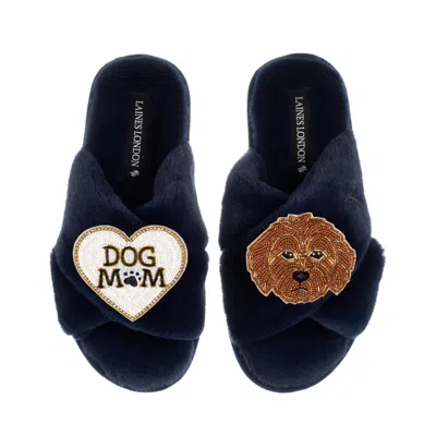 Laines London Women's Blue Classic Laines Slippers With Dog Mum / Mom & Apricot Cockapoo Brooches - Navy