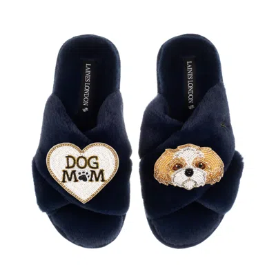 Laines London Women's Blue Classic Laines Slippers With Dog Mum / Mom & Gold & White Shih Tzu Brooches - Navy