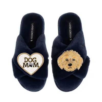Laines London Women's Blue Classic Laines Slippers With Dog Mum / Mom & Golden Cockapoo Brooches - Navy