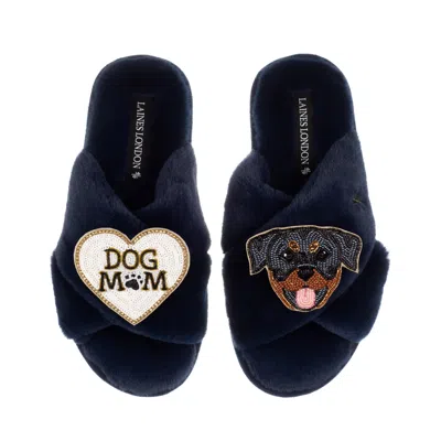 Laines London Women's Blue Classic Laines Slippers With Dog Mum / Mom & Rottweiler Brooches - Navy