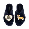 Laines London Women's Blue Classic Laines Slippers With Dog Mum/mom & Corgi Brooches - Navy In Blue