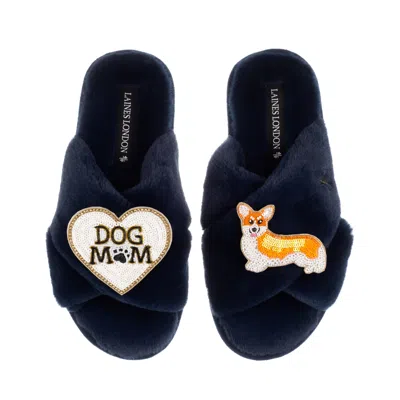 Laines London Women's Blue Classic Laines Slippers With Dog Mum/mom & Corgi Brooches - Navy