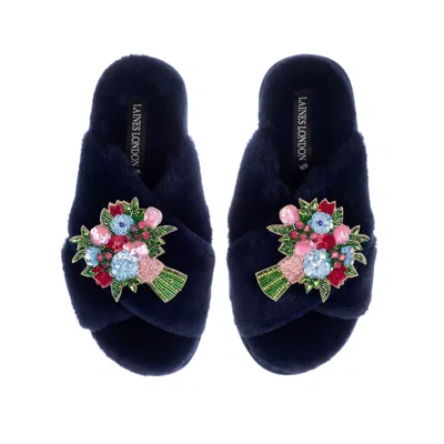 Laines London Women's Blue Classic Laines Slippers With Double Floral Bouquet Brooches - Navy
