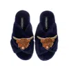 Laines London Women's Blue Classic Laines Slippers With Double Highland Cow Brooches - Navy In Blue