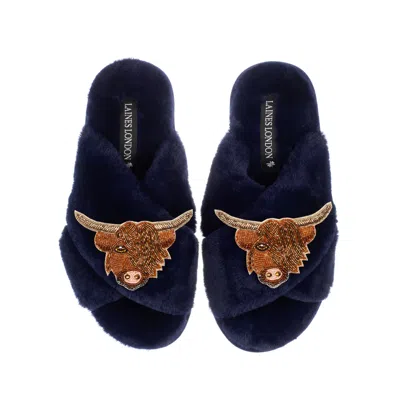 Laines London Women's Blue Classic Laines Slippers With Double Highland Cow Brooches - Navy