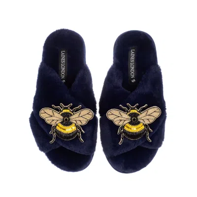 Laines London Women's Blue Classic Laines Slippers With Double Honey Bee Brooches - Navy