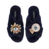 Laines London Women's Blue Classic Laines Slippers With Double Mystic Eye Brooches - Navy In Blue