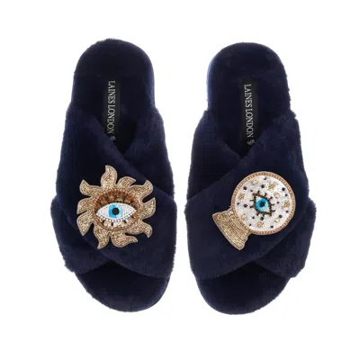 Laines London Women's Blue Classic Laines Slippers With Double Mystic Eye Brooches - Navy