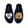 Laines London Women's Blue Classic Laines Slippers With Enki-doo & Dog Mum / Mom Brooches - Navy In Blue