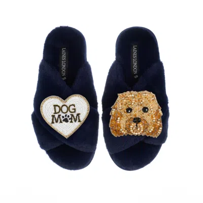 Laines London Women's Blue Classic Laines Slippers With Enki-doo & Dog Mum / Mom Brooches - Navy