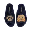 Laines London Women's Blue Classic Laines Slippers With Enki Doo & Paw Brooches - Navy In Blue