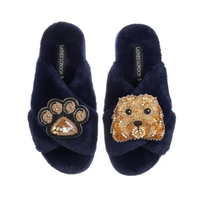 Laines London Women's Blue Classic Laines Slippers With Enki Doo & Paw Brooches - Navy
