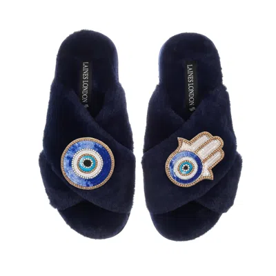 Laines London Women's Blue Classic Laines Slippers With Evil Eye & Hamsa Hand Brooches - Navy