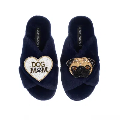 Laines London Women's Blue Classic Laines Slippers With Franki Pug & Dog Mum / Mom Brooches - Navy