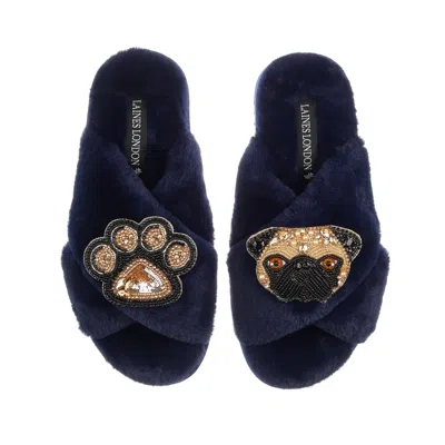 Laines London Women's Blue Classic Laines Slippers With Franki Pug & Paw Brooches - Navy
