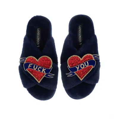 Laines London Women's Blue Classic Laines Slippers With Fuck You Brooches - Navy