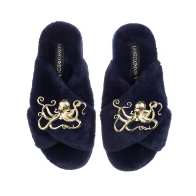 Laines London Women's Blue Classic Laines Slippers With Gold Metal Octopus Brooches - Navy