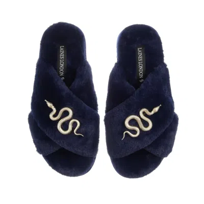 Laines London Women's Blue Classic Laines Slippers With Gold Metal Snake Brooches - Navy