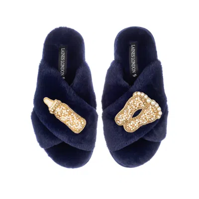 Laines London Women's Blue Classic Laines Slippers With Gold New Baby Brooches - Navy