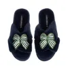 Laines London Women's Blue Classic Laines Slippers With Green Stripe Bow Brooches - Navy In Blue