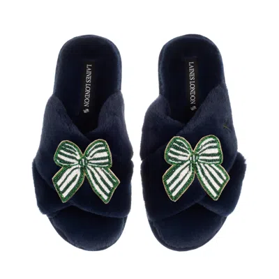 Laines London Women's Blue Classic Laines Slippers With Green Stripe Bow Brooches - Navy
