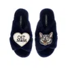Laines London Women's Blue Classic Laines Slippers With Grey Pebbles Cat & Cat Mum / Mom Brooches - Navy In Blue