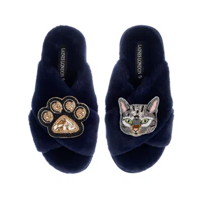 Laines London Women's Blue Classic Laines Slippers With Grey Pebbles Cat & Paw Brooches - Navy