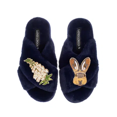 Laines London Women's Blue Classic Laines Slippers With Hare & White Foxglove Flowers Brooches - Navy