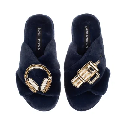 Laines London Women's Blue Classic Laines Slippers With Headphones & Quencher Brooches - Navy