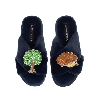 Laines London Women's Blue Classic Laines Slippers With Hedgehog & Oak Tree Brooches - Navy